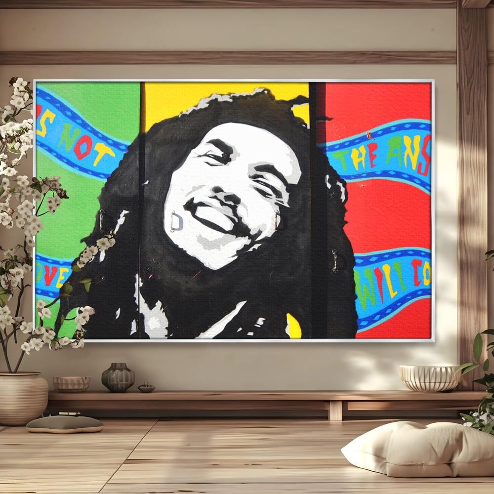 Tablou canvas cu tablou pictat cu portretul lui bob marley, in rama de aluminiu argintiu